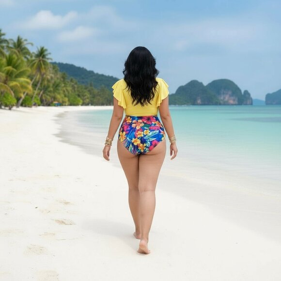 🆕Boho Chic Plus Size Yellow Ruffle Tankini Set High Rise Tropical Floral Bottom - Picture 13 of 16